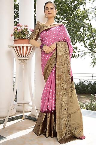 pink modal silk bandhani printed & embroidered saree set