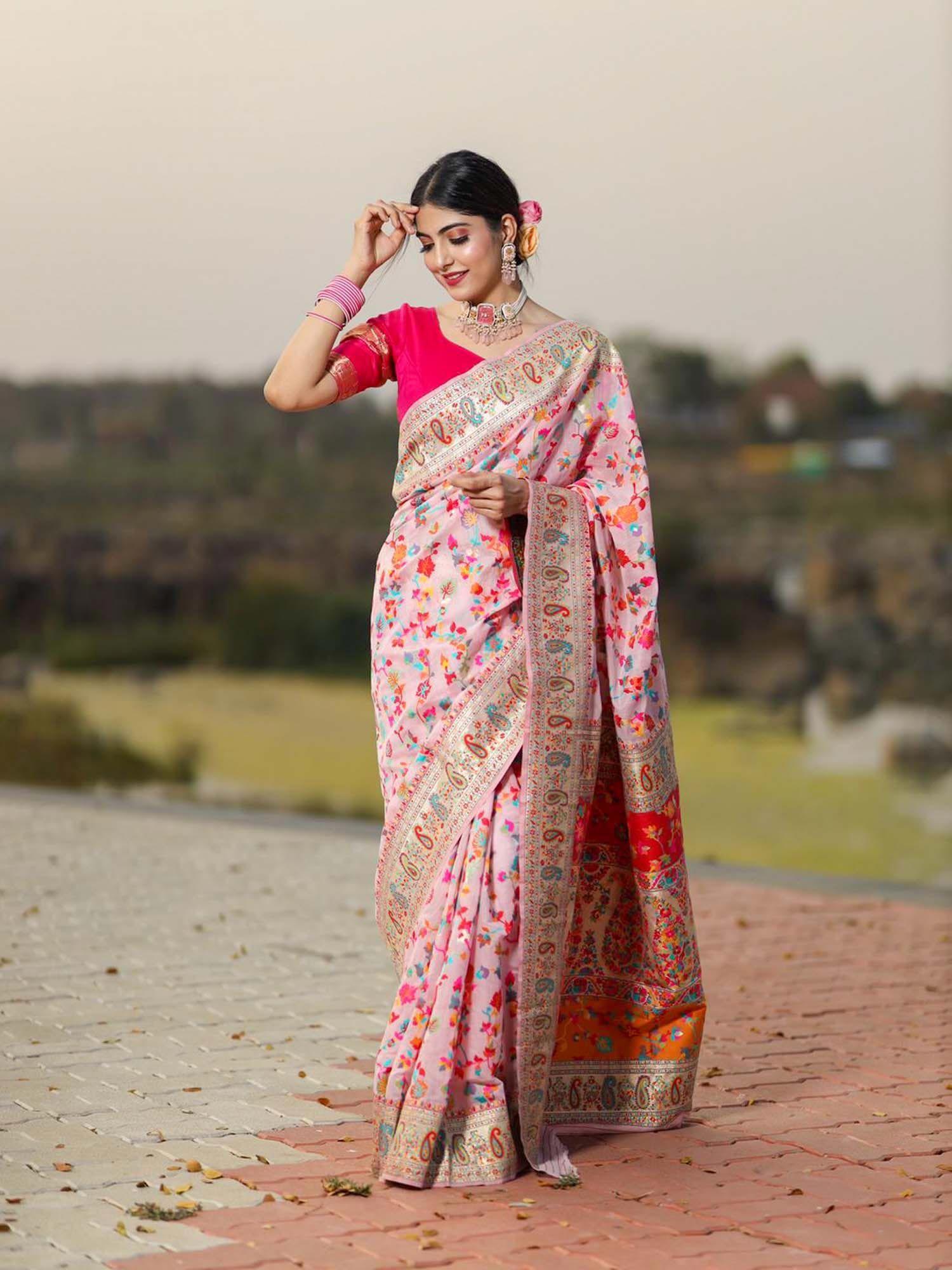 pink modal silk kashmiri weaving with unstitched blouse
