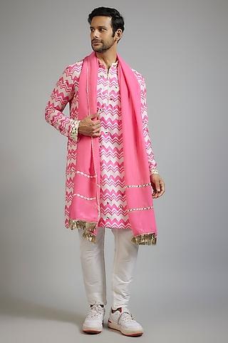 pink modal silk zig-zag printed & gota patti embroidered kurta set