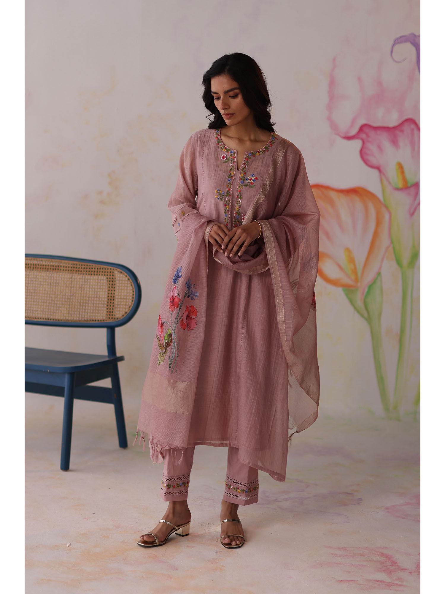 pink mogra kurta with pant with slip and dupatta (set of 4)