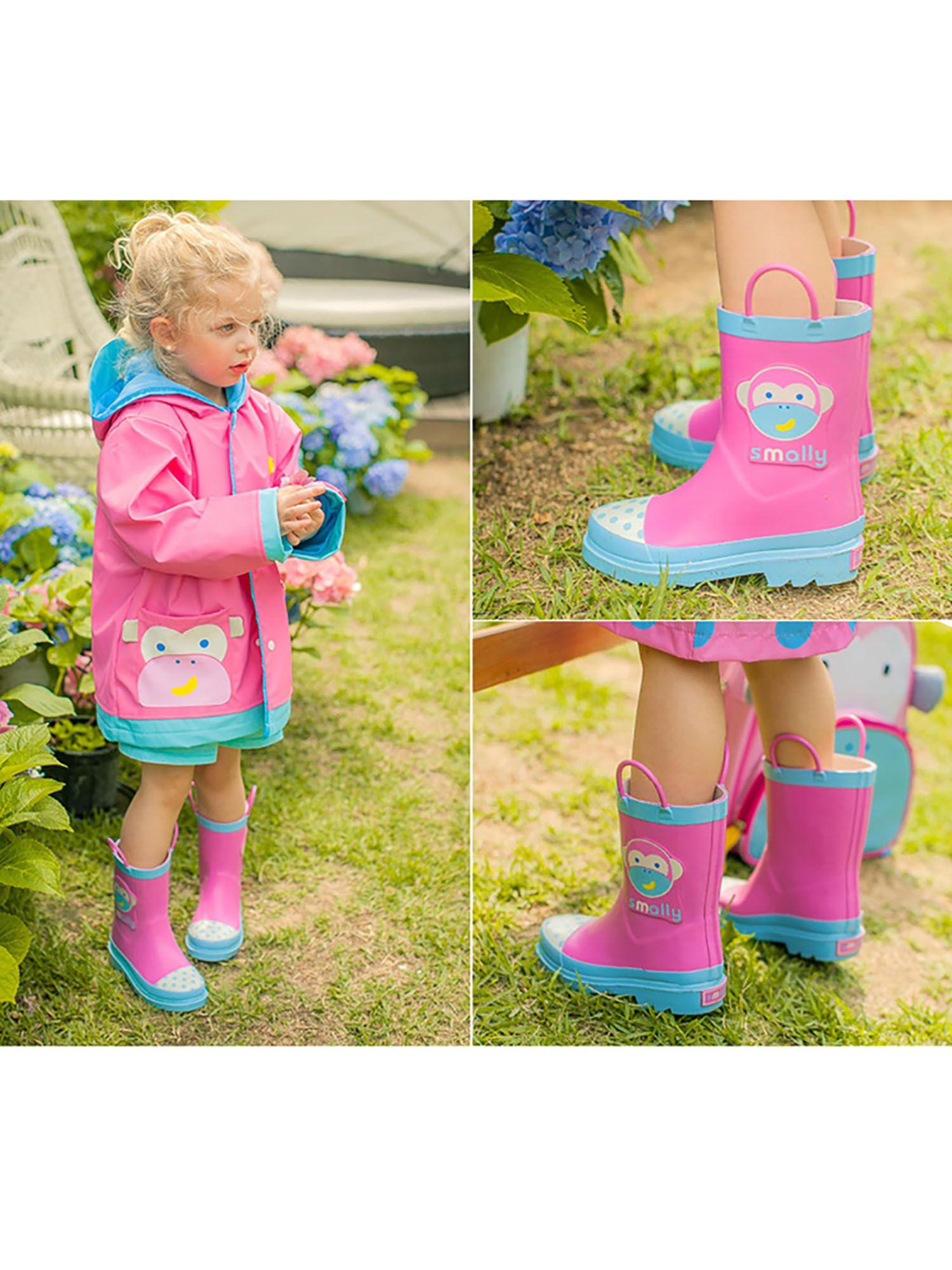 pink monkey flexible rubber rain gumboots for toddlers