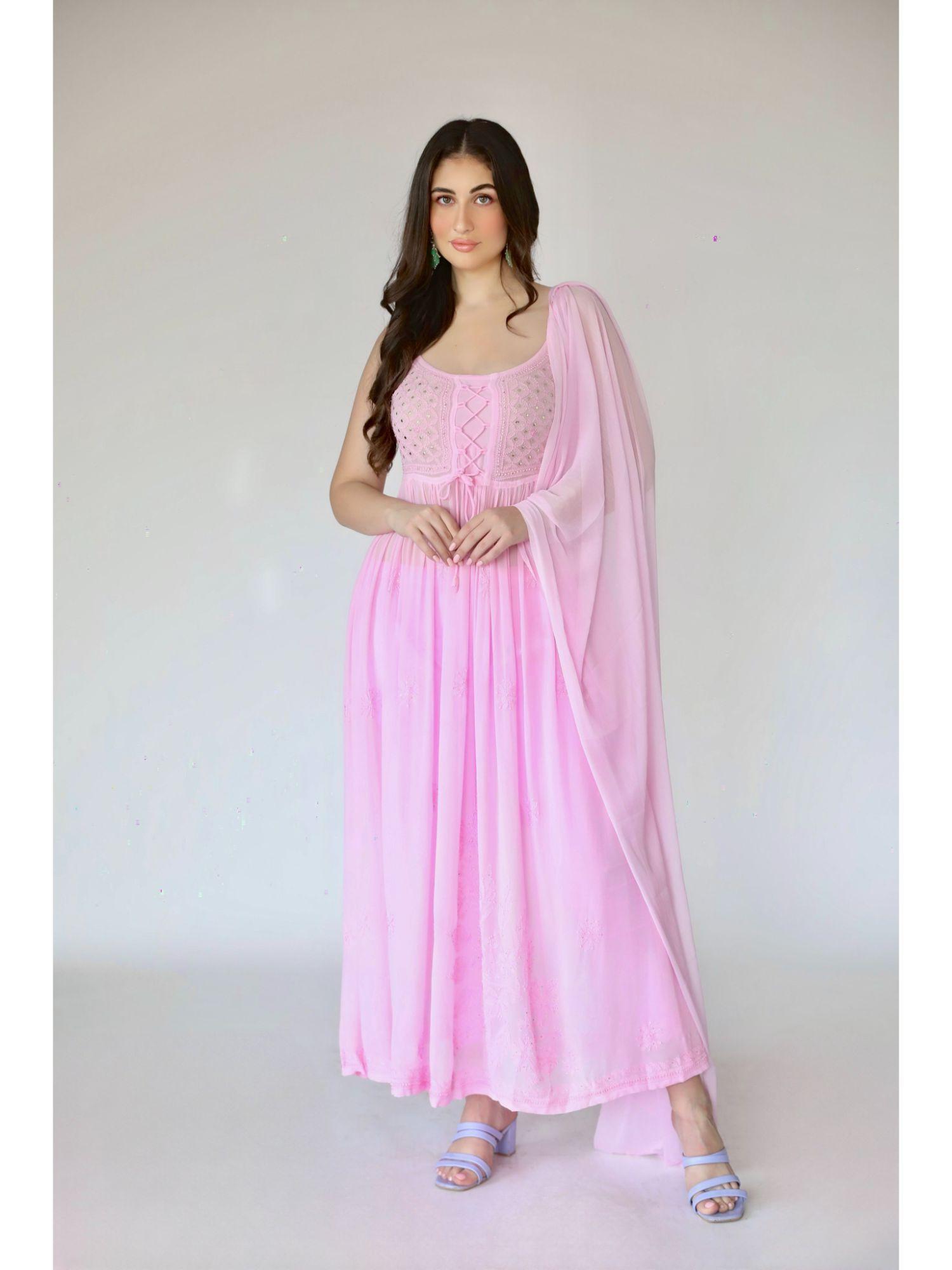 pink moon anarkali chikankari kurta