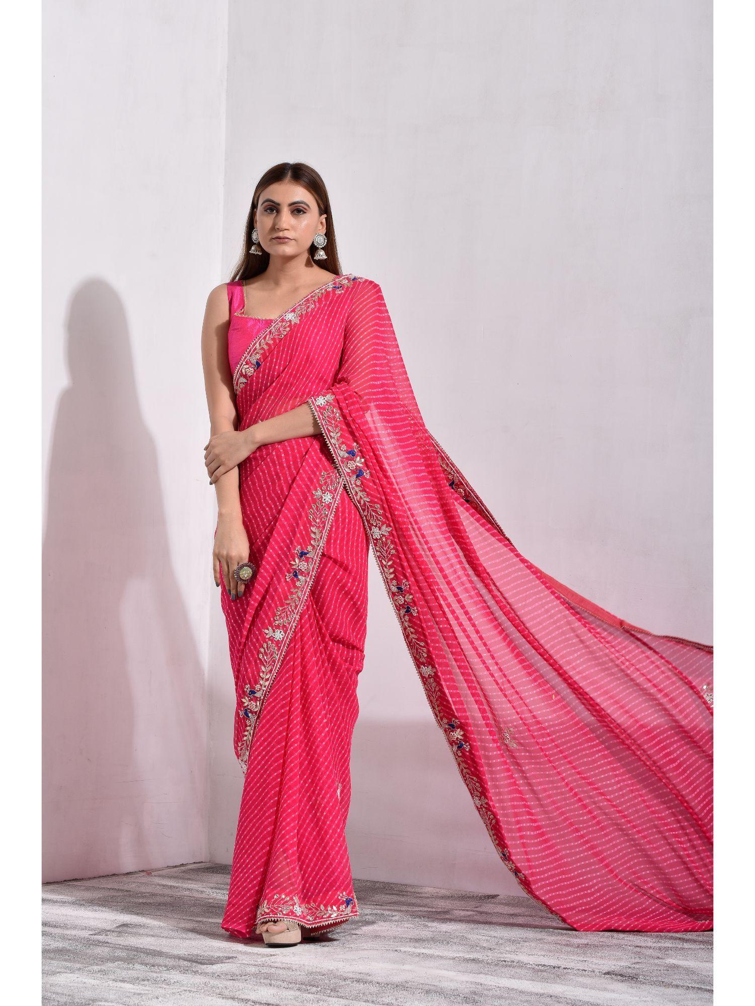 pink mothda pure georgette handwork saree with unstitched blouse