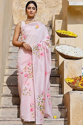 pink motif hand-painted saree set