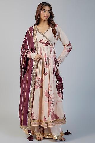 pink mul abstract printed & embroidered kalidar angrakha anarkali set