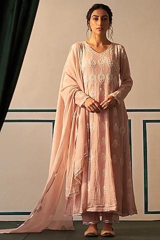 pink mul chanderi embroidered anarkali set