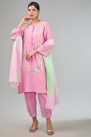 pink mul chanderi machine embroidered kurta set