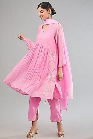 pink mul chanderi machine embroidered kurta set