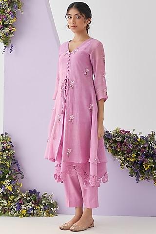 pink mul chanderi resham embroidered overlay kurta set