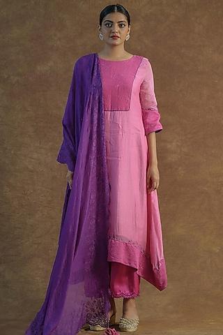 pink mul chanderi silk embroidered kurta set