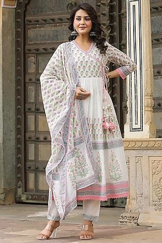 pink mul cotton embroidered & printed anarkali set