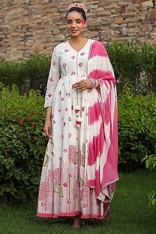 pink mul cotton embroidered & printed anarkali set