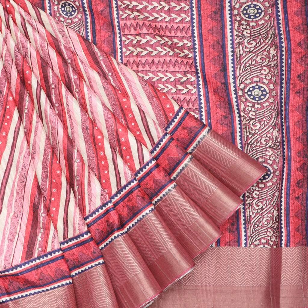 pink multicolor tussar printed saree with diagonal stripes pattern