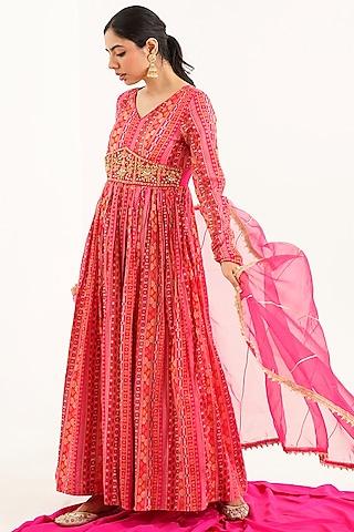 pink muslin blend embroidered anarkali set