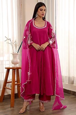 pink muslin embroidered anarkali set