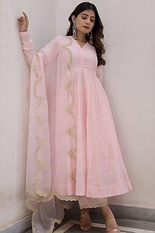 pink muslin hand dyed anarkali set