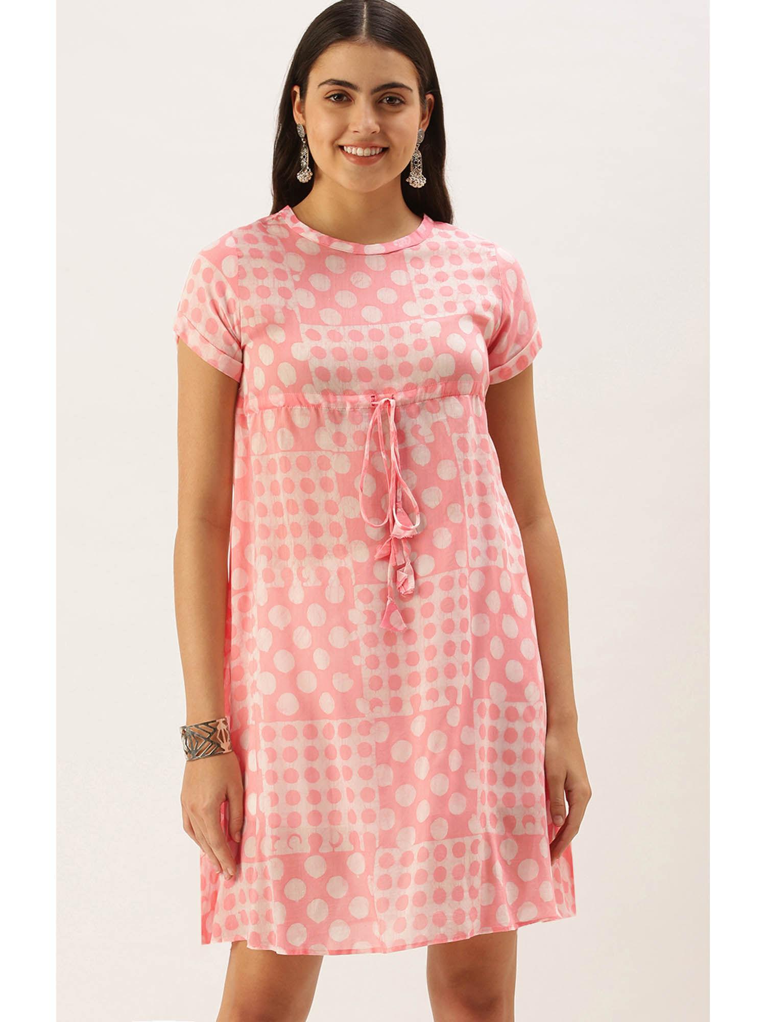 pink muslin polka dot printed casual dress for women