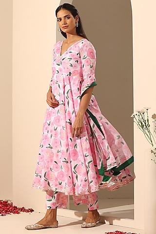 pink muslin printed anarkali set