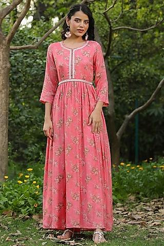 pink muslin silk embellished & floral printed anarkali