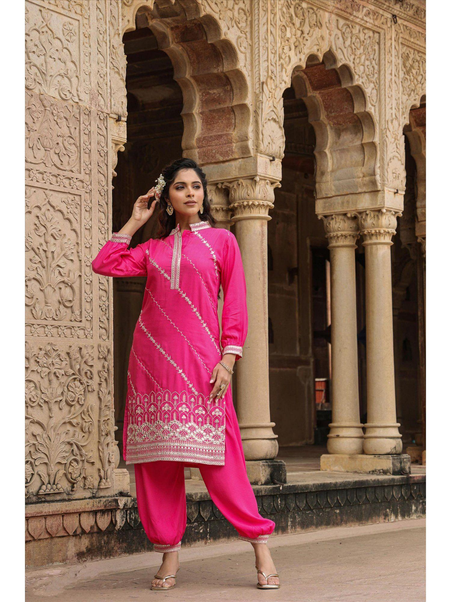 pink muslin silk embroidery with mirror work pathani 2 piece (set of 2)