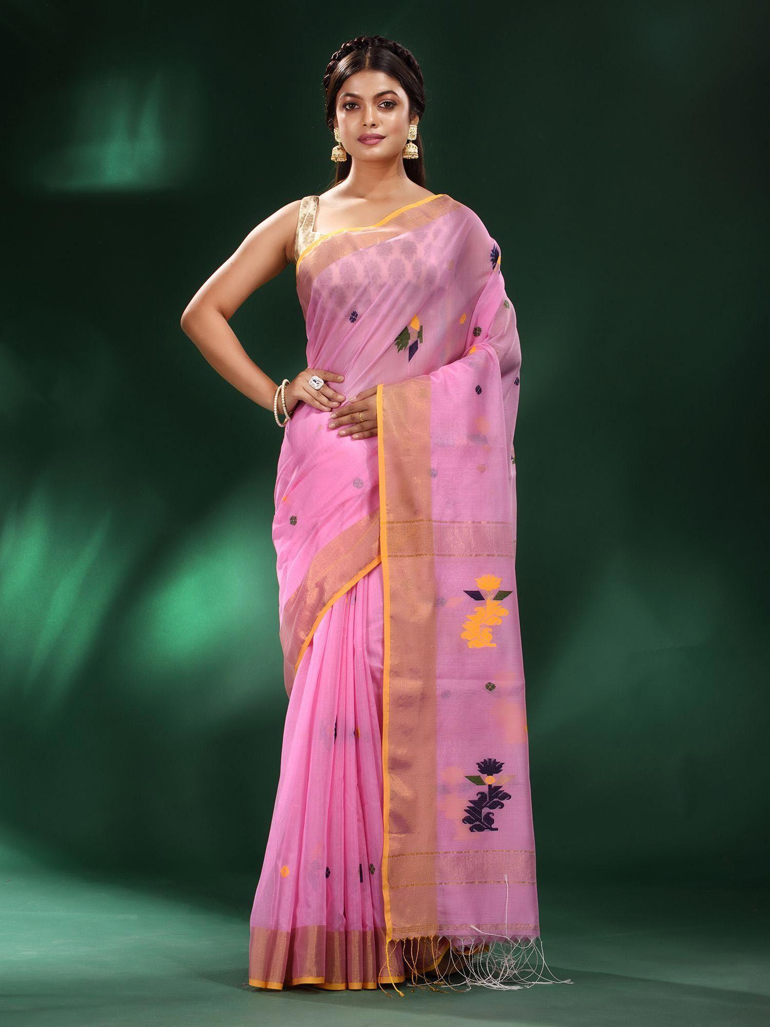 pink muslin silk handwoven zari border saree with unstitched blouse