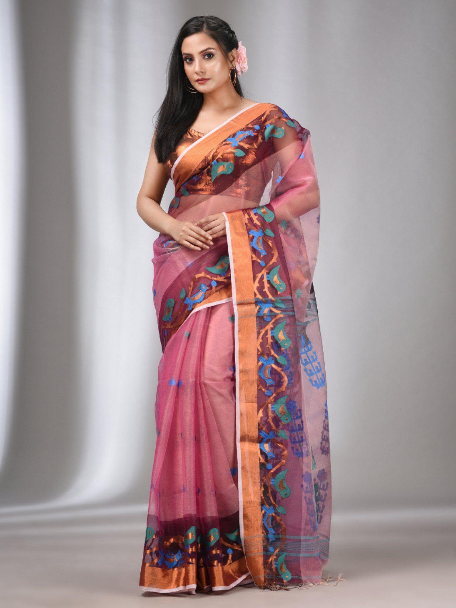 pink muslin tissue handwoven saree with zari border with unstitched blouse