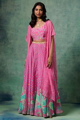 pink natural crepe floral printed jacket lehenga set