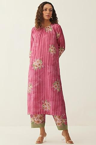 pink natural silk floral & striped printed kurta set