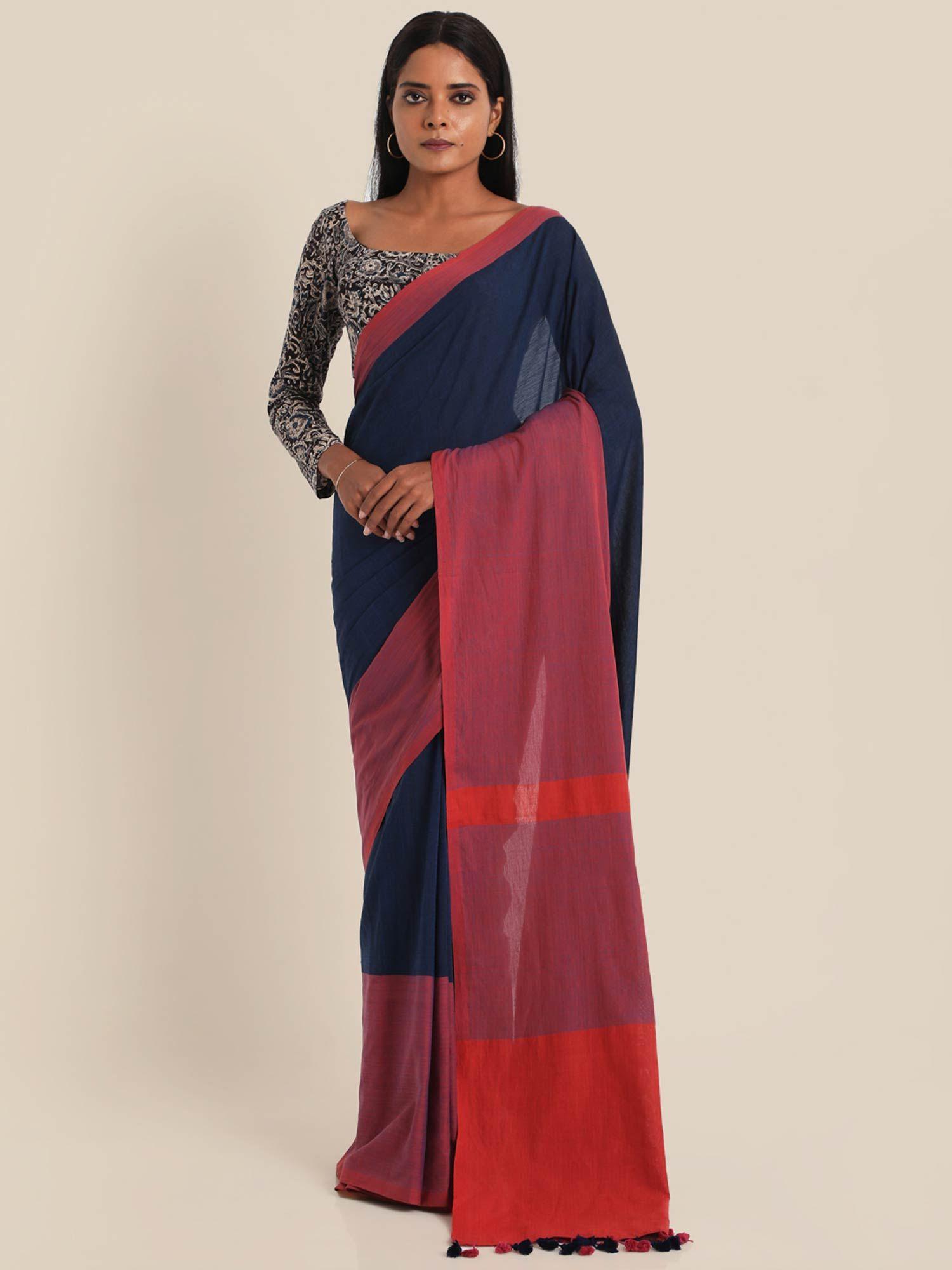 pink navy blue cotton saree without blouse