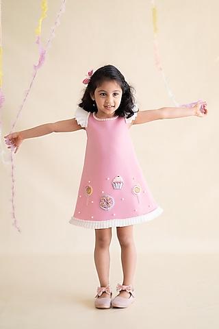 pink neoprene & scuba hand embroidered a-line dress for girls