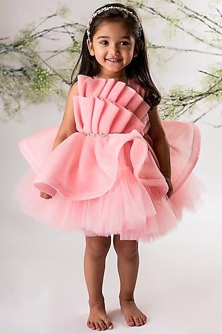 pink net & organza pleated dress for girls