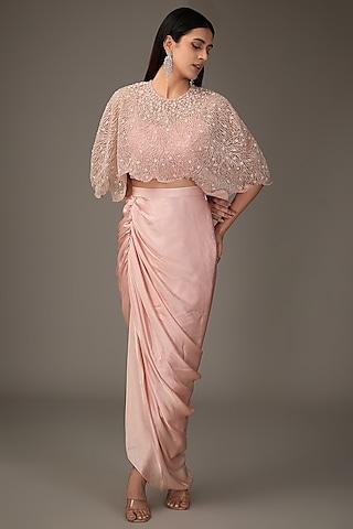 pink net & satin branch embroidered cape set