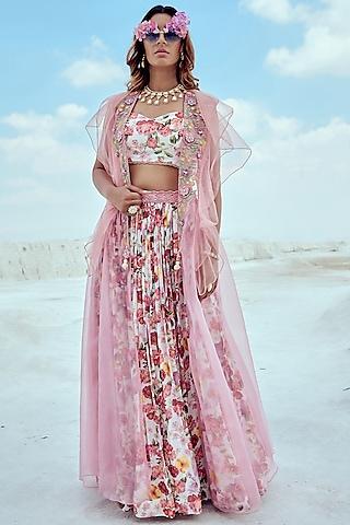 pink net & silk organza embroidered cape set