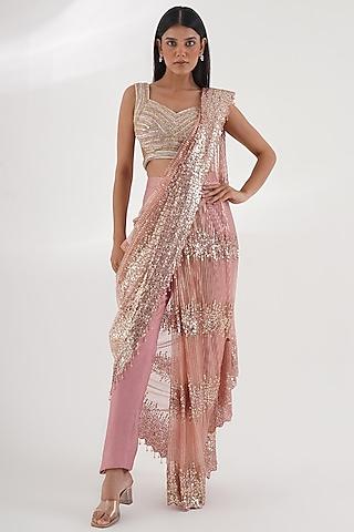 pink net & silk sequins embellished saree set