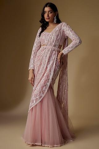 pink net cutdana embroidered pre-draped saree set