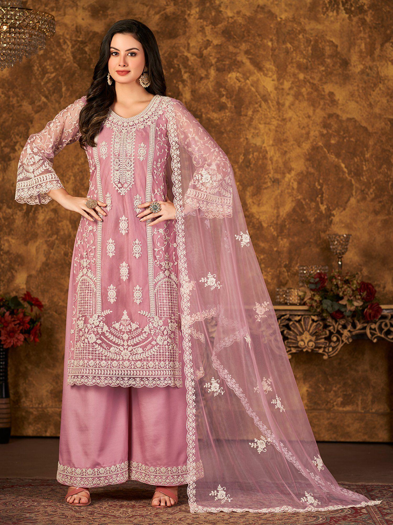 pink net embroidered semi stitched dress material with inner (set of 4)