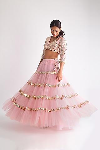 pink net floral embroidered lehenga set