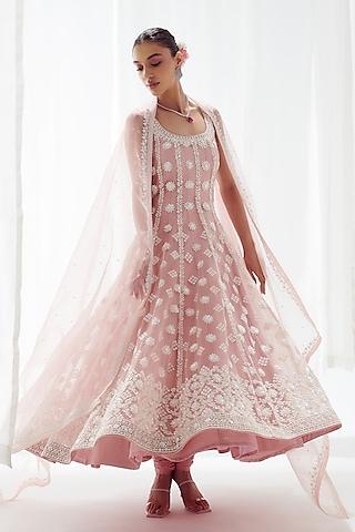 pink net pearl embroidered anarkali set