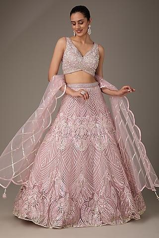 pink net resham & sequins embroidered lehenga set