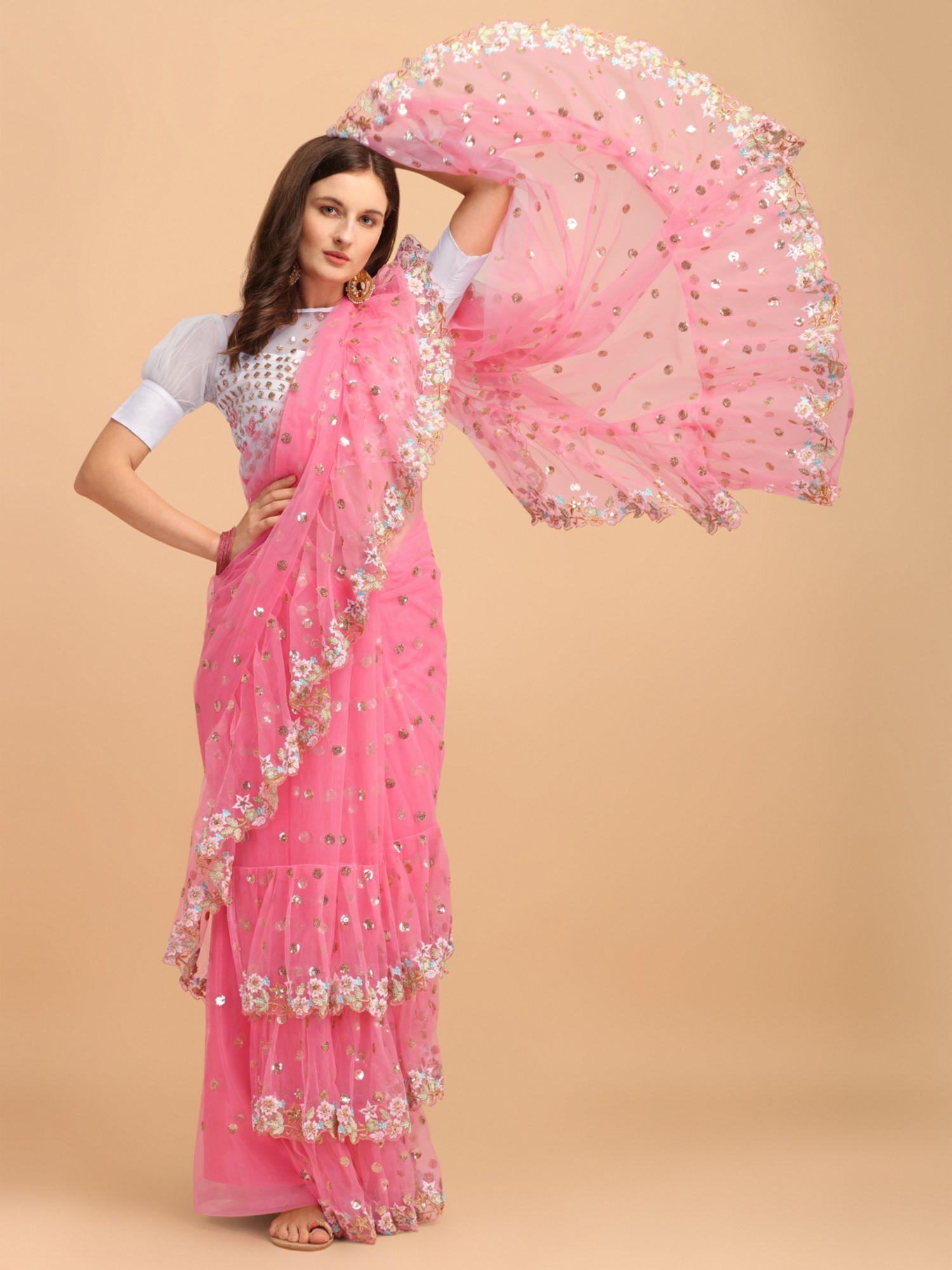 pink net sequinned embroidered ruffled saree with unstitched blouse