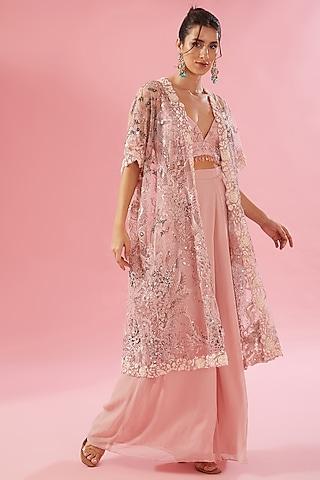 pink net sequins & cutwork kaftan cape set