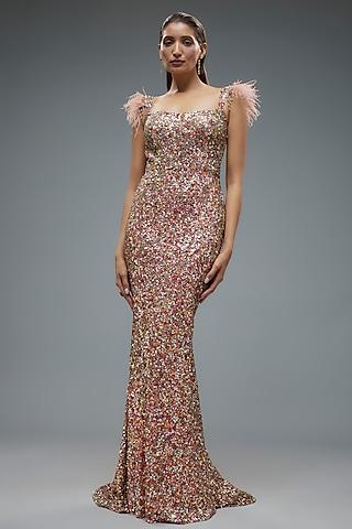 pink net sequins embroidered gown