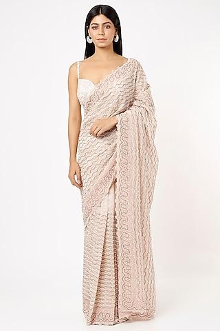 pink net sequins embroidered saree set