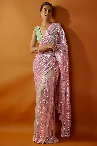 pink net tikki embroidered saree set