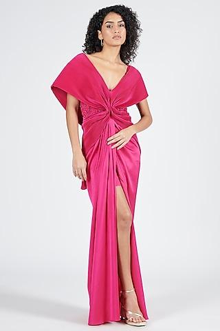 pink nirvana crepe embellished draped gown saree