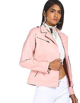pink notch lapel collar solid biker jacket
