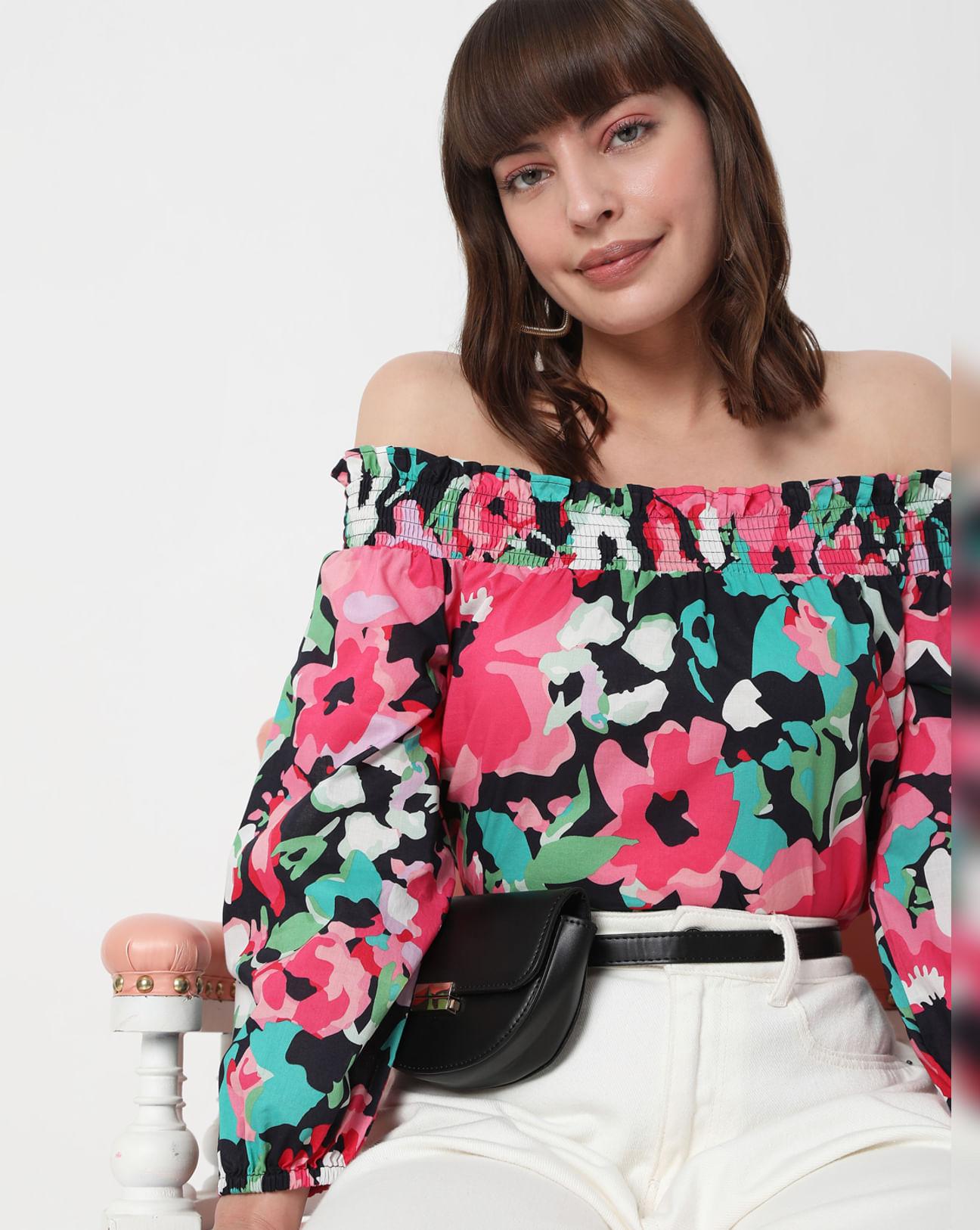 pink off-shoulder floral top