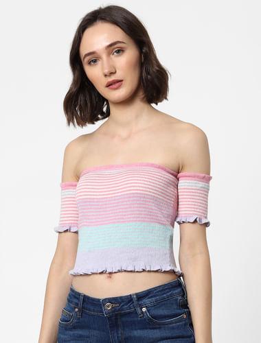 pink off-shoulder knit top