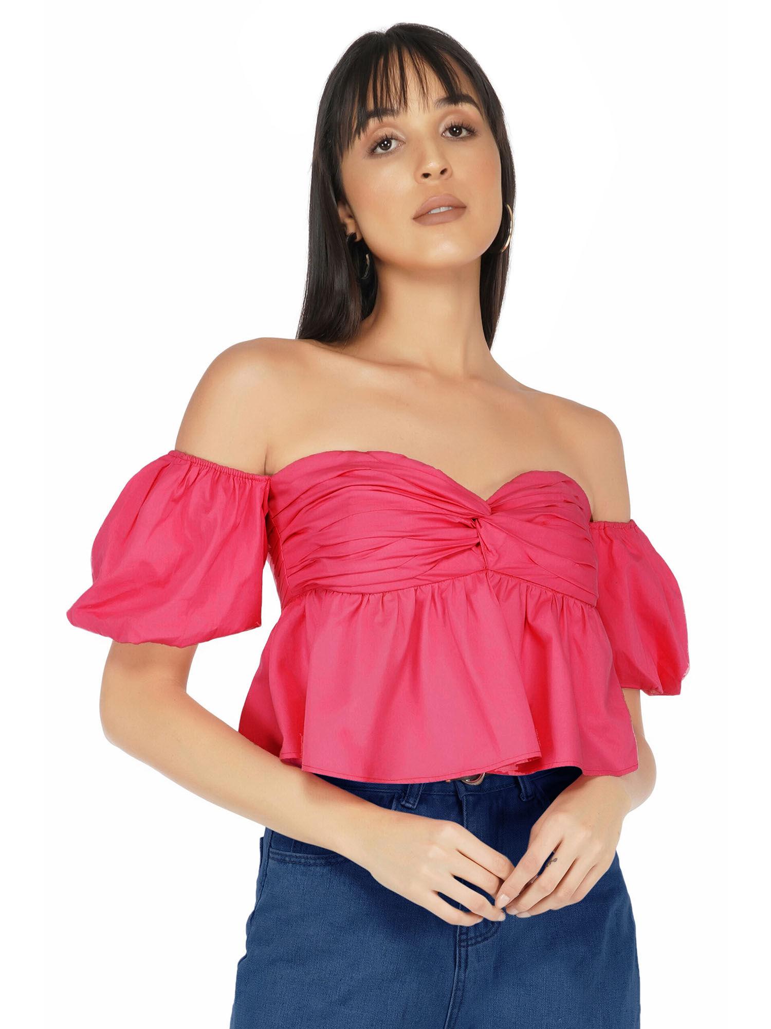 pink off shoulder puff sleeves top