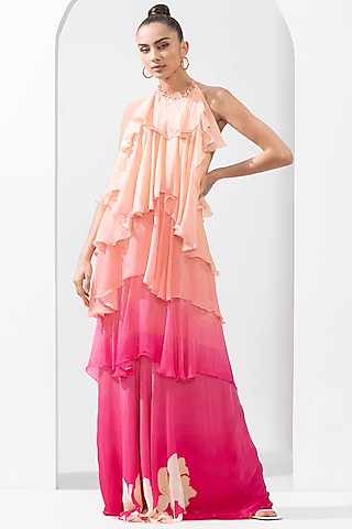 pink ombre chiffon printed dress